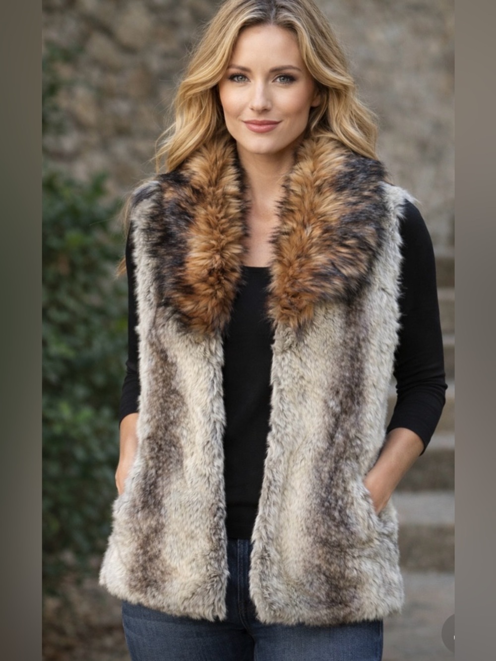 Faux Fur Vest with Contrasting Brown Collar - Neutral Multi